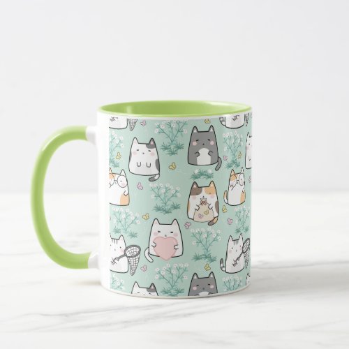 Minty Meows Pastel Kittens in a Floral Wonderland Mug