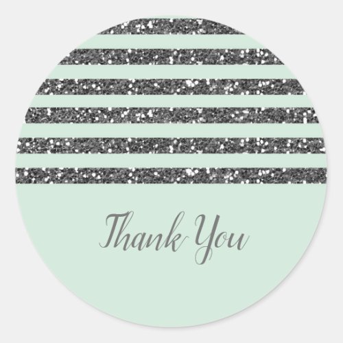 Minty Mint Green  Silver Glitter Stripes Party Classic Round Sticker
