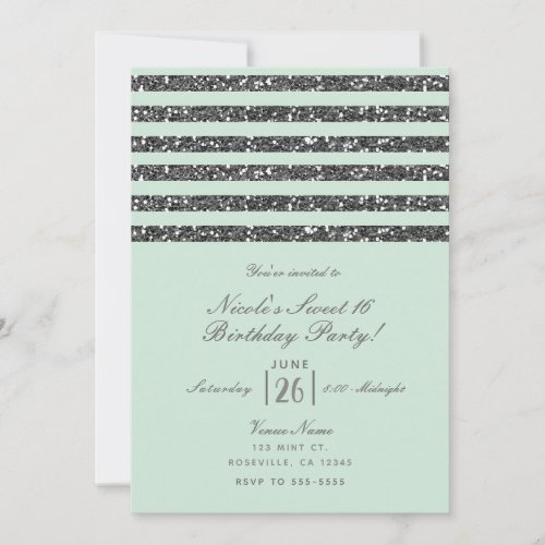 Minty Mint Green  Silver Glitter Stripes Party Invitation