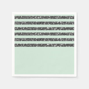 Minty Mint Green & Silver Glitter Stripes Party Napkins