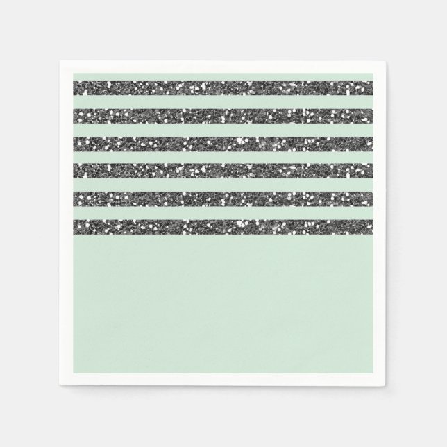Minty Mint Green & Silver Glitter Stripes Party Napkins (Front)