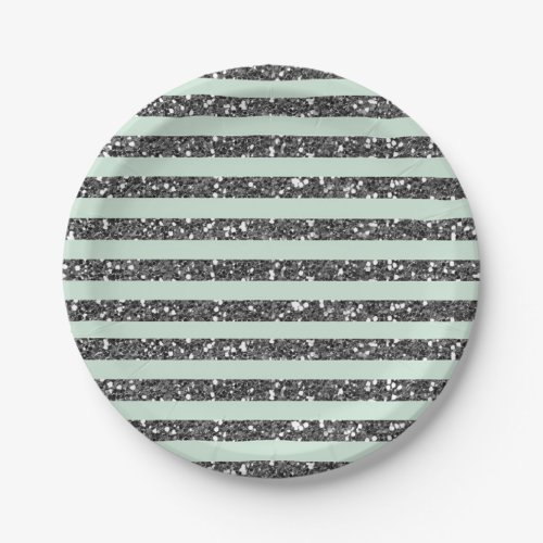 Minty Mint Green  Silver Glitter Stripes Party Paper Plates