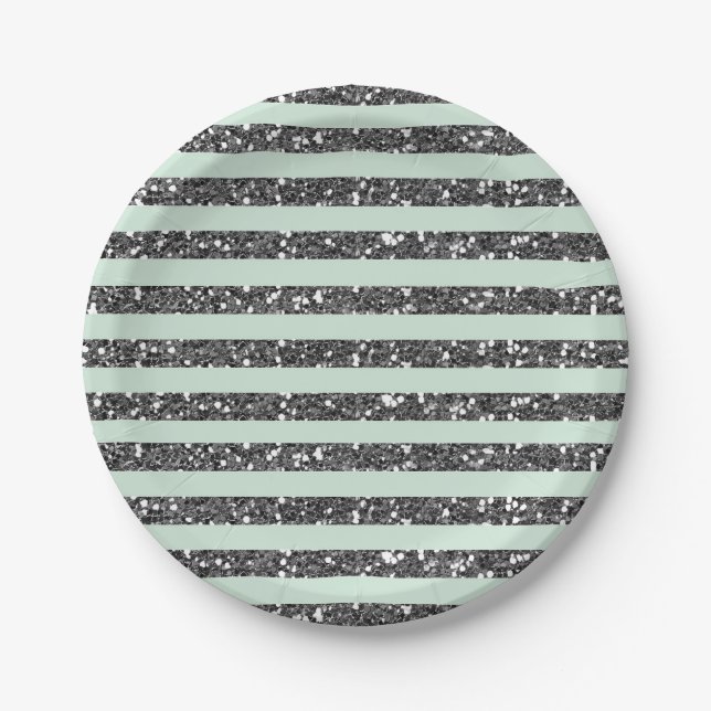 Minty Mint Green & Silver Glitter Stripes Party Paper Plates (Front)