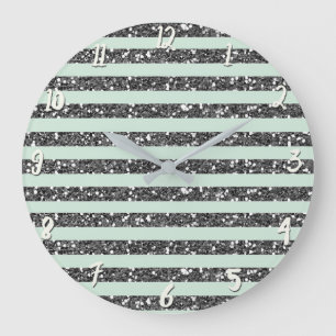 Minty Mint Green & Silver Glitter Stripes Sparkle Large Clock