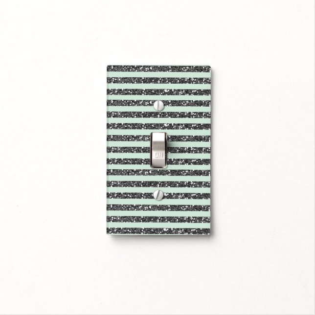 Minty Mint Green & Silver Glitter Stripes Sparkle Light Switch Cover (In Situ)