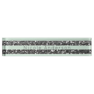 Minty Mint Green & Silver Glitter Stripes Sparkle Name Plate