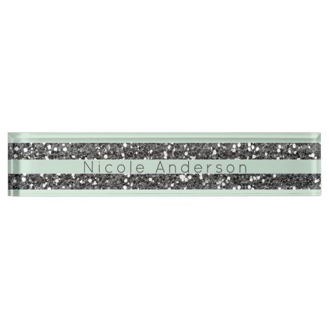 Minty Mint Green & Silver Glitter Stripes Sparkle Name Plate (Front)