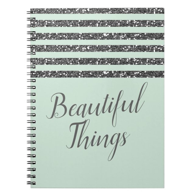 Minty Mint Green & Silver Glitter Stripes Sparkle Notebook (Front)