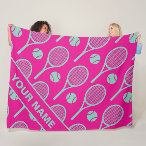  Minty tennis rackets on vivid pink custom name Fleece Blanket