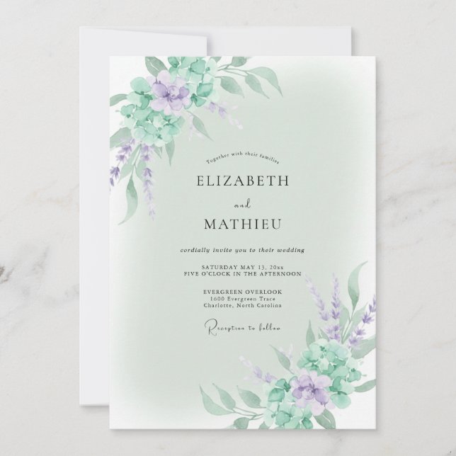 Minty Violet Wisteria Wedding Invitation (Front)