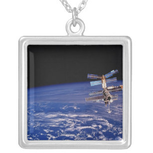 Mir Space Station floating above the Earth Silver Plated Necklace