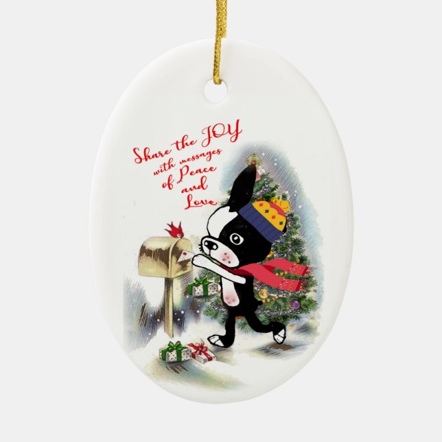 Mirabelle the boston terrier holiday ornament joy (Front)