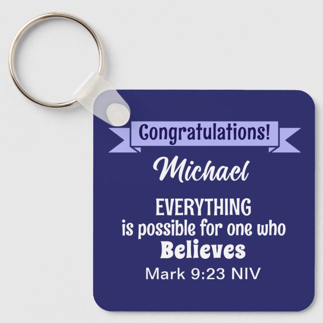 Miracle Bible Verse Christian Faith Dark Blue Keychain (Front)