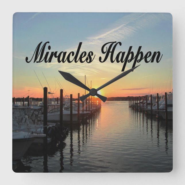 MIRACLES HAPPEN SUNSET PHOTO DESIGN SQUARE WALL CLOCK (Front)