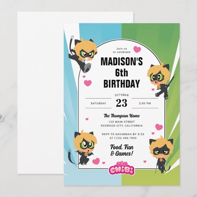 Miraculous Cat Noir Chibi Birthday Invitation (Front/Back)