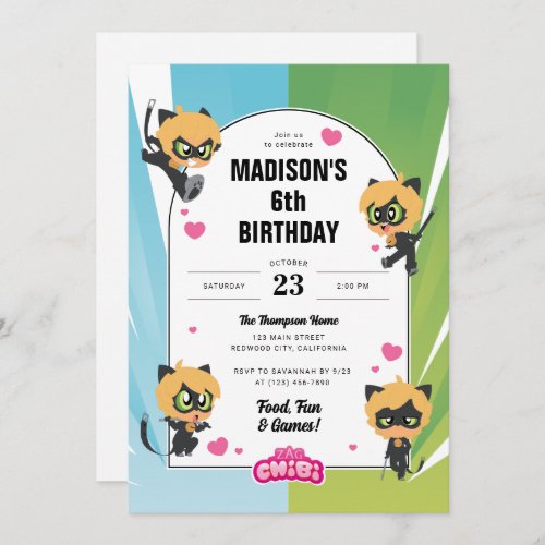 Miraculous Cat Noir Chibi Birthday Invitation