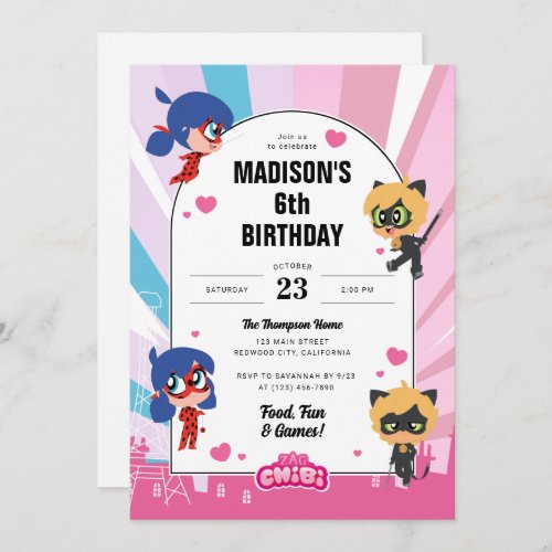 Miraculous Ladybug  Cat Noir Chibi Birthday Invitation