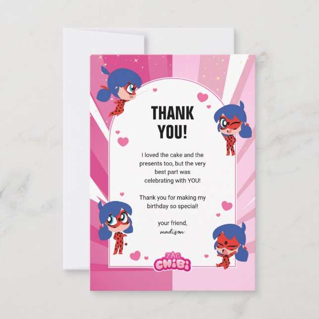 Miraculous Ladybug Chibi Birthday Thank You Card (Front)