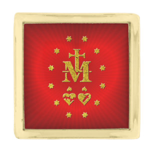 Miraculous Medal reverse on Heart Gold Finish Lapel Pin