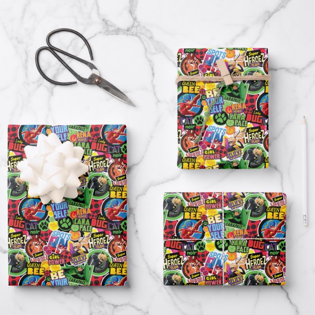 Miraculous Superhero Characters Pattern Wrapping Paper Sheets (Front)