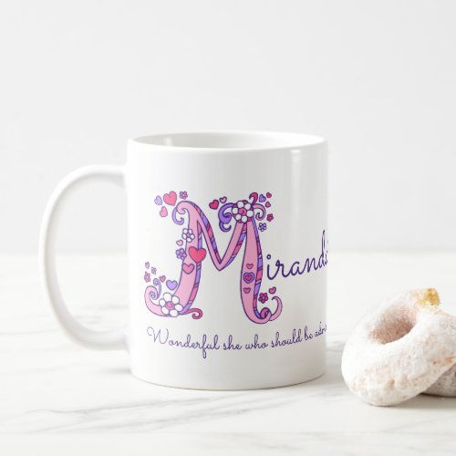 Miranda name meaning heart flower M monogram mug