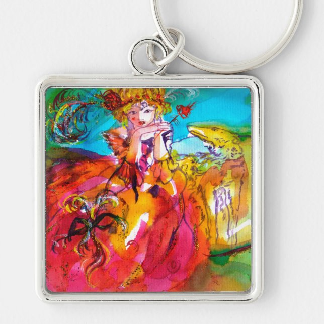 MIRANDOLINA WITH DOG/ Venetian Masquerade Masks Keychain (Front)