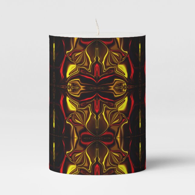 Mirror -Gold and red curved traces with dark parts Pillar Candle (Front)