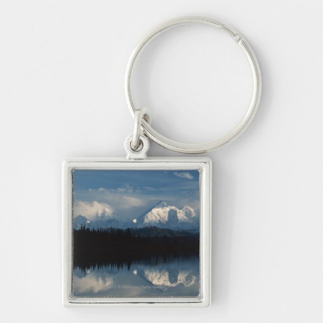 Mirror Lake Horizon with Forest & Snowy Mountains Keychain (Front)