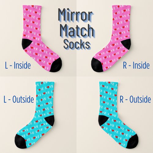 Mirror Match Inside Pink Outside Aqua Blue LOVE Socks