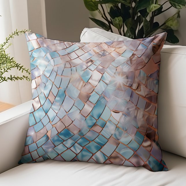 Mirror Tiles Pattern Aqua Blue Rose Gold Throw Pillow (Creator Uploaded)