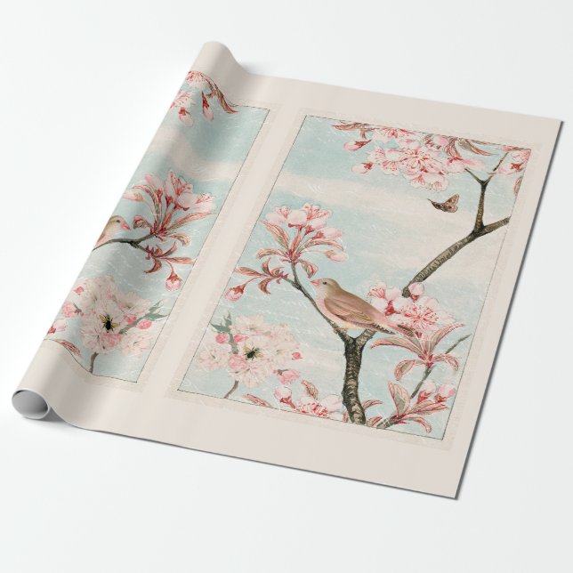 Mirrored Cherry Blossom Bird Bee Moth Decoupage Ti Wrapping Paper (Unrolled)