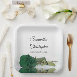Mirrored Emerald Green Rose Elegant & Posh Wedding Paper Plates