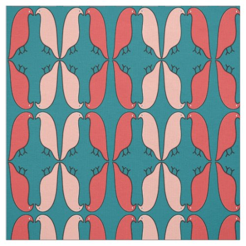 Mirrored Image Union of Birds _ Pink on Turquoise Fabric