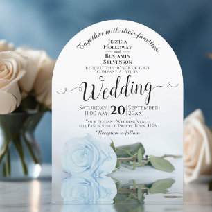 Mirrored Pale Dusty Blue Rose Elegant Arch Wedding Invitation