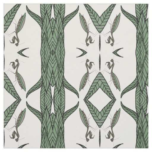 Mirrored Praying Mantis On Green Leaves Fabric