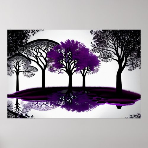 Mirrored Purple and Black Tree Silhouettes White  Poster