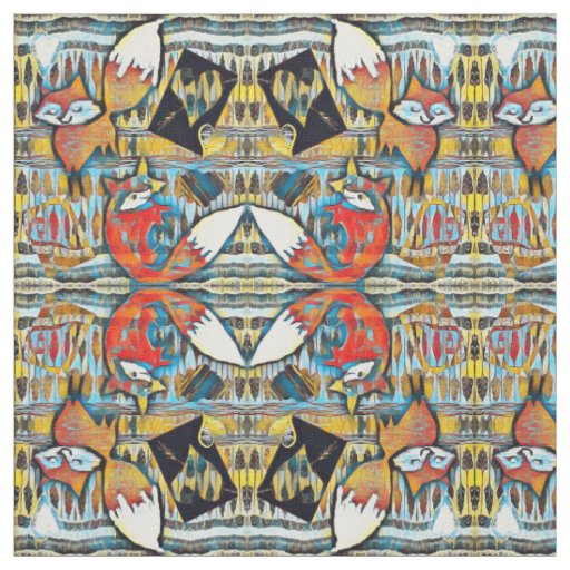 Mirrored Red Foxes and Hearts Pattern Fabric