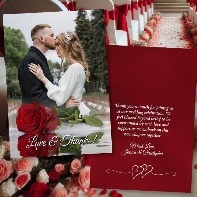 Mirrored Red Rose Elegant Wedding Photo Overlay Thank You Card (Front/Back)