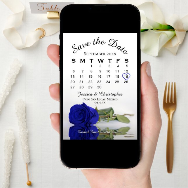 Mirrored Royal Blue Rose Elegant Wedding Calendar Save The Date (Front Digital)