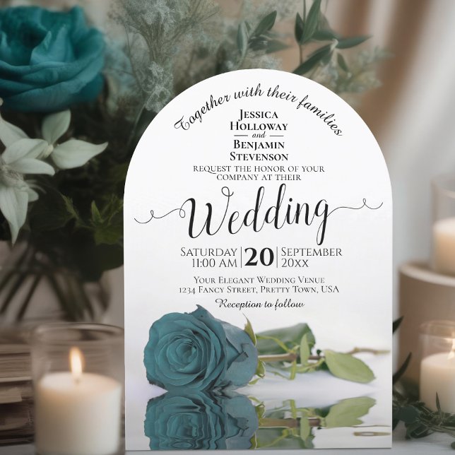 Mirrored Teal Rose Elegant Romantic Wedding Arch Invitation (With Arch Cut)