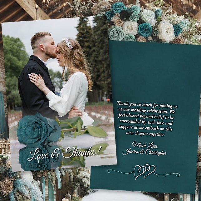 Mirrored Teal Rose Elegant Wedding Photo Overlay Thank You Card (Front/Back)