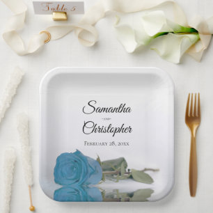 Mirrored Turquoise Blue Rose Elegant Wedding Paper Plates