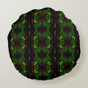 Mirroring curved red strokes on green background round pillow