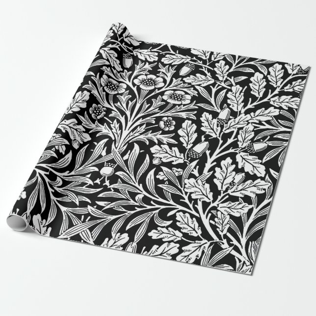 Mirrors's Acorns and Oak Leaves Black & White Wrapping Paper (Unrolled)