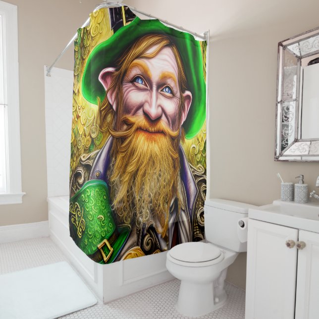 Mirthful Green and Gold St Patrick Day Leprechaun Shower Curtain (In Situ)