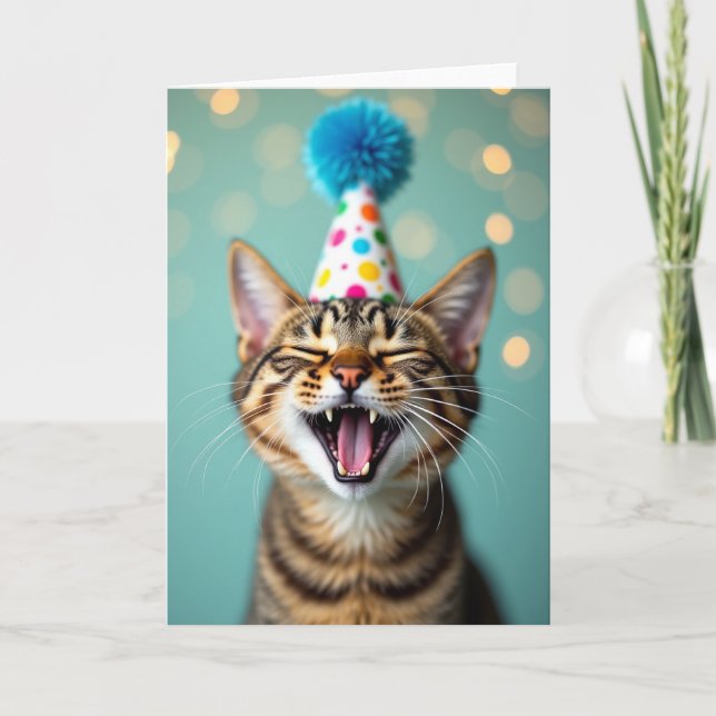 Mirthful Tabby Party Hat Card (Front)