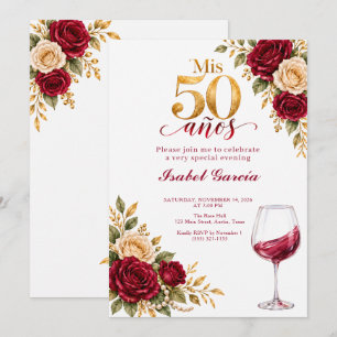 Mis 50 Años Burgundy Roses Wine Glass Birthday Invitation