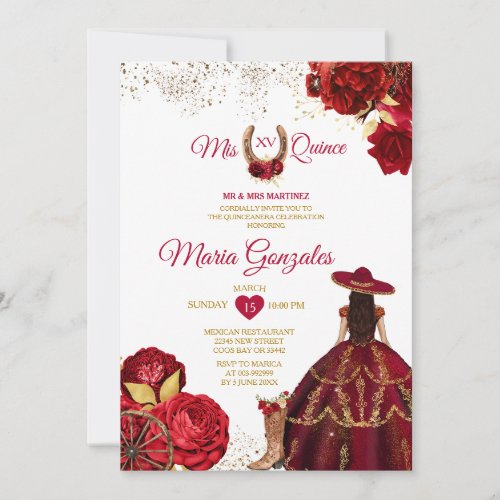 Mis Quince 15 Anos Red Roses Gold Crown Glitter Invitation