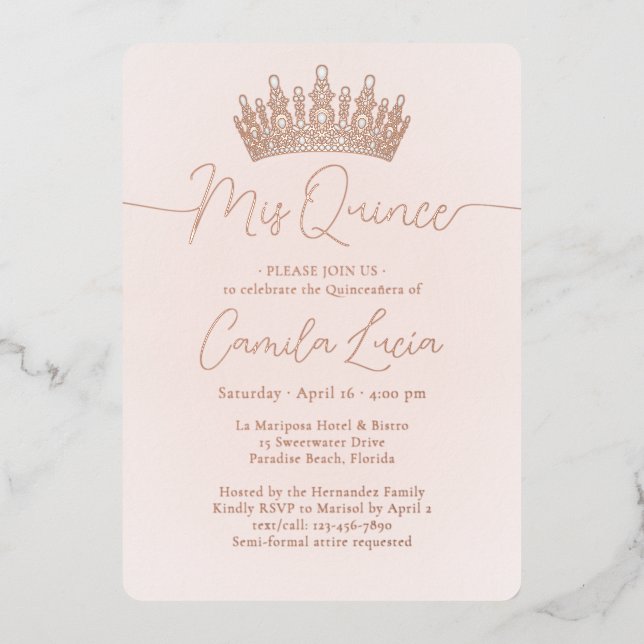 Mis Quince 3 Photo Collage Quinceañera Crown Pink Foil Invitation (Front)