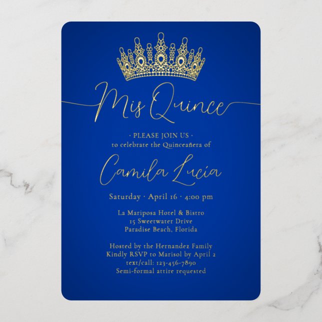 Mis Quince 3 Photo Collage Quinceañera Royal Blue Foil Invitation (Front)